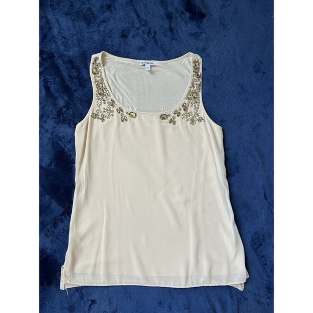 Express‎ Women's Small Double Layer Rhinestone Embellished Beige Blouse